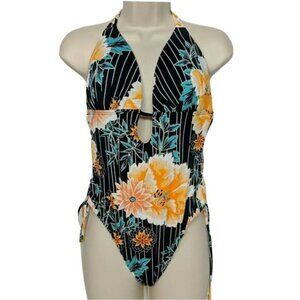 NWT Bar III Floral Stripe Plunging 1 Piece Swim